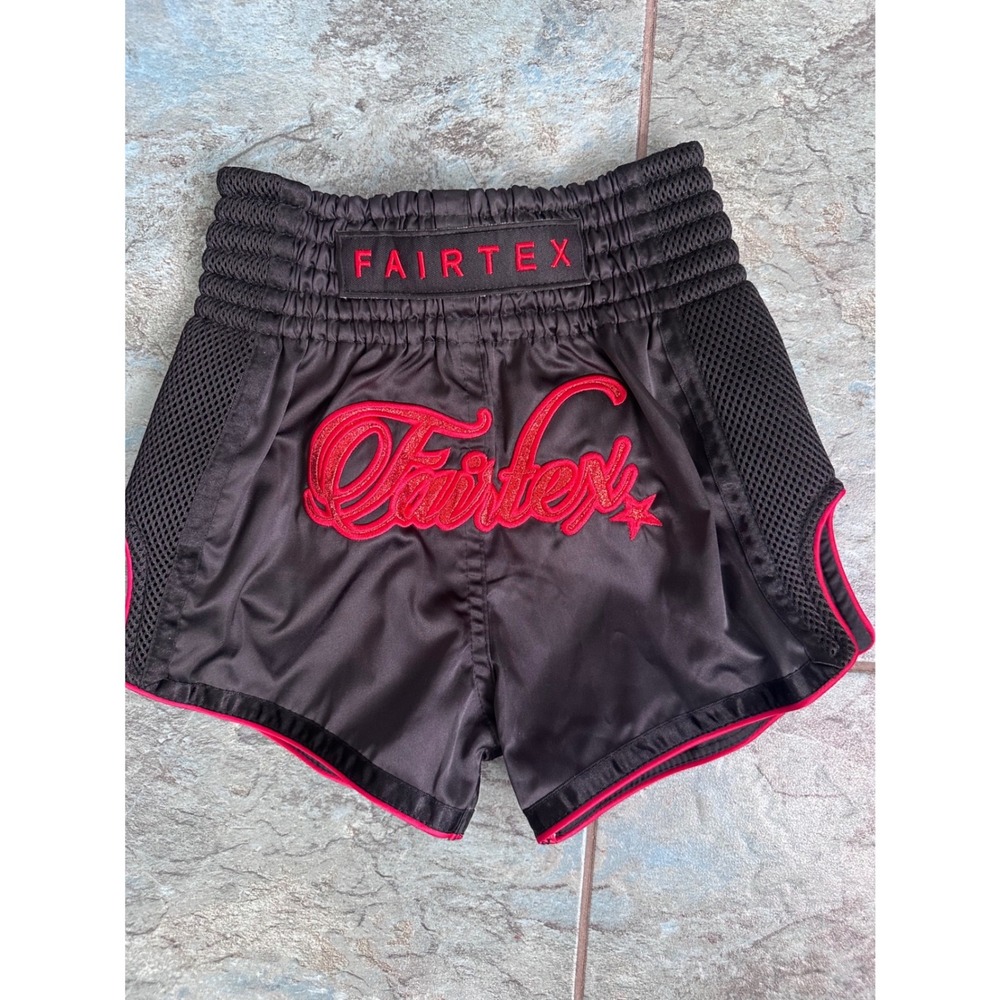 Fairtex Kids Muay Thai Shorts Black Red Satin Kickboxing Trunks 6-8 Years